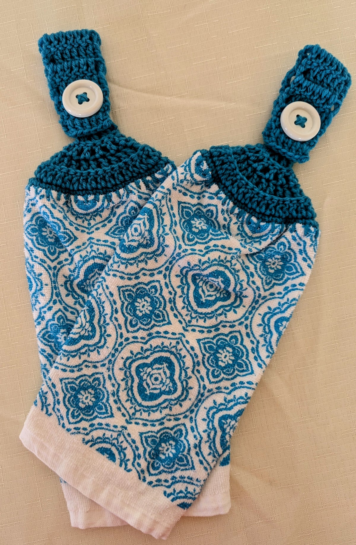 Hand Crocheted Hanging Towels - Teal and White Design - Set of 2