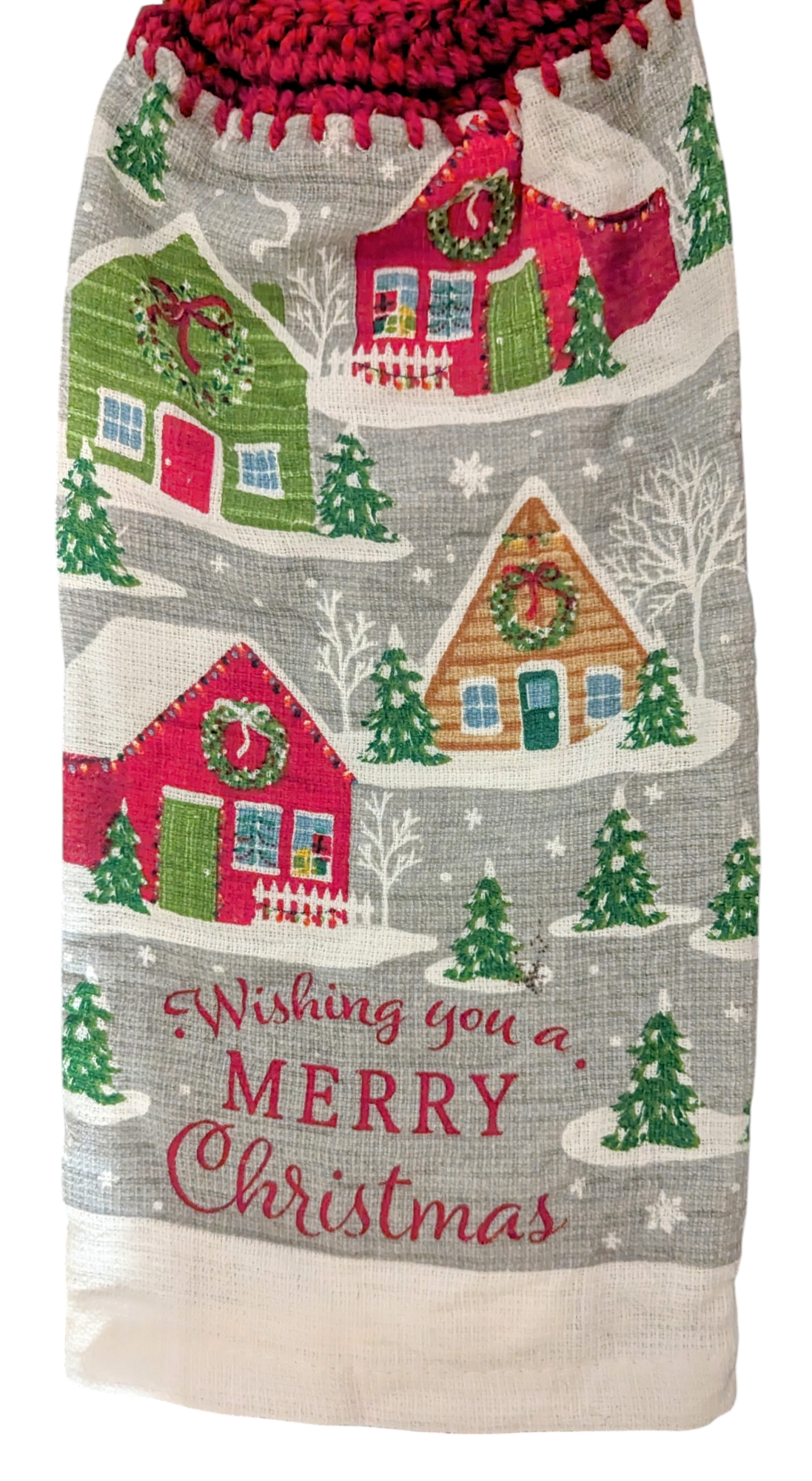Christmas Hanging Towels - "Wishing You a Merry Christmas" with Snow-Covered Houses- Set of 2