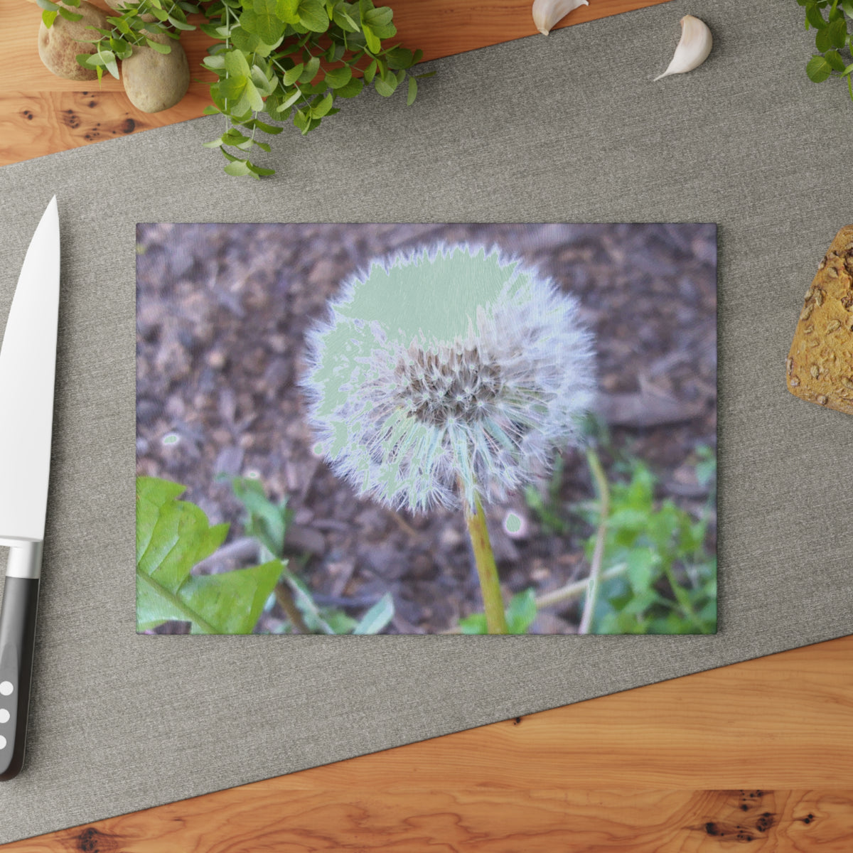 Dandelion Photo Glass Cutting Board — Nature-Inspired Decorative Chopping Board
