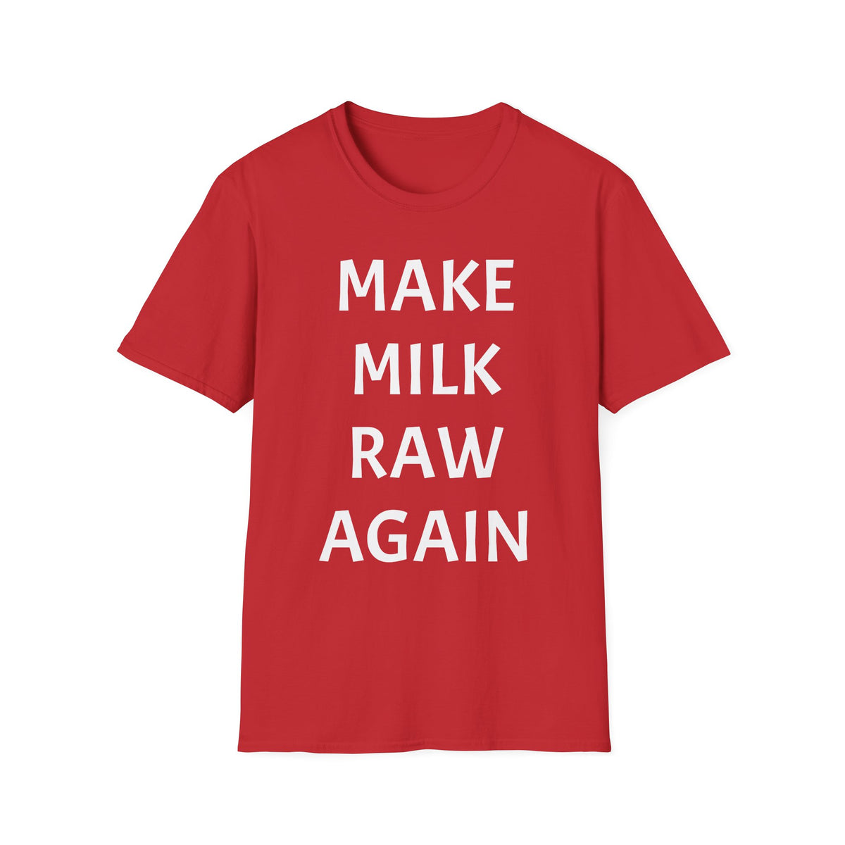 Unisex Softstyle T-Shirt - Make Milk Raw Again Tee, Vintage Style Graphic Shirt, Retro Dairy Protest Top, Red and White Tee, Foodie Gift