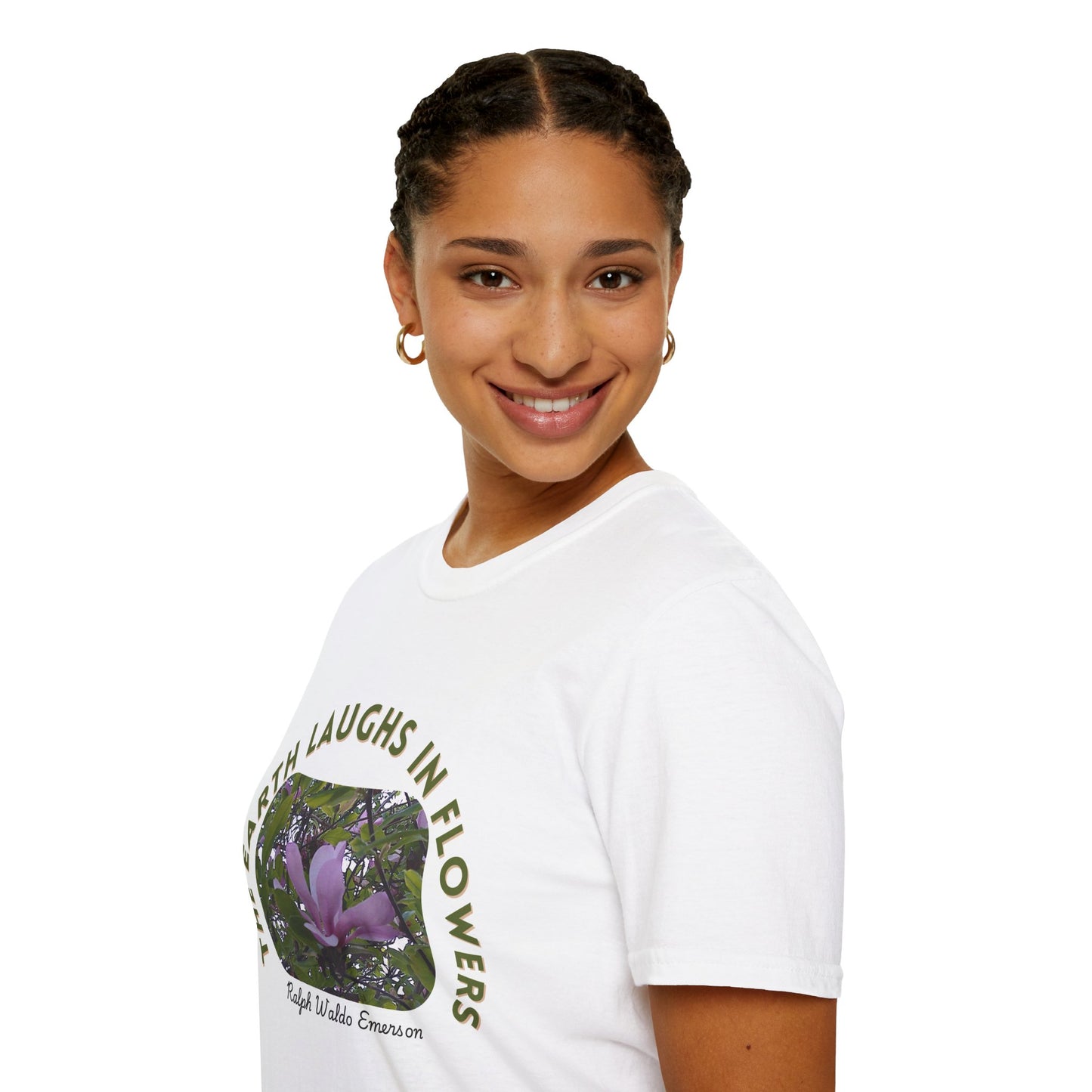 Nature Quote T-Shirt - "The Earth Laughs in Flowers" - Unisex Softstyle Tee