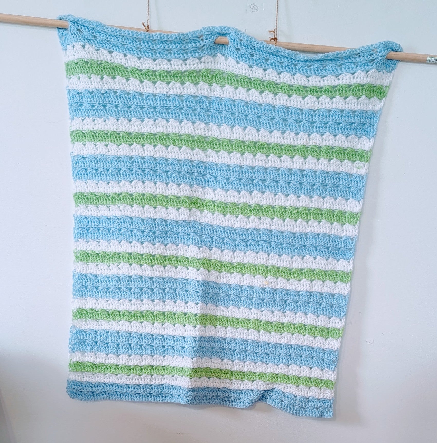 Doll Blanket - Hand Crocheted - Blue, Green and White Stripes