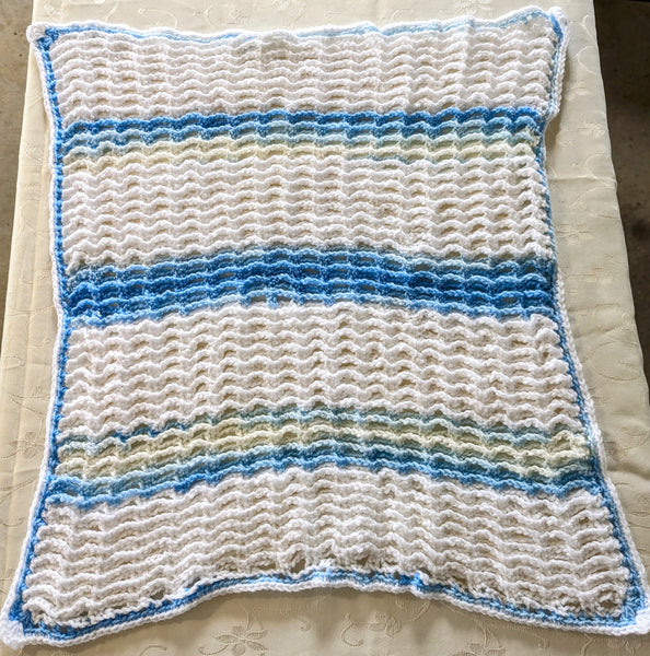 Doll Blanket - Hand Crocheted - Blue, and White