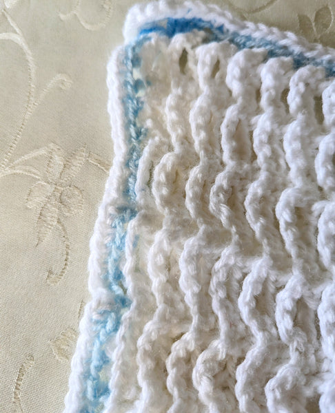 Doll Blanket - Hand Crocheted - Blue, and White