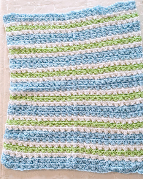 Doll Blanket - Hand Crocheted - Blue, Green and White Stripes