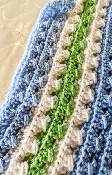 Doll Blanket - Hand Crocheted - Blue, Green and White Stripes