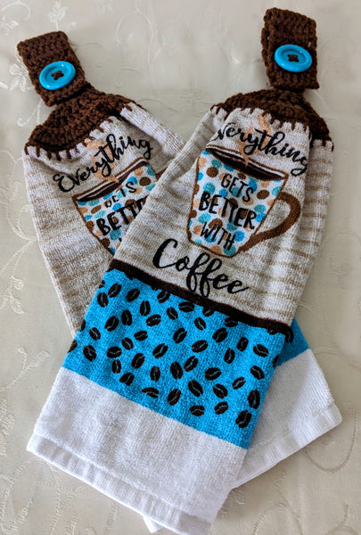 Coffee Themed Hanging Towels - "Everything Gets Better with Coffee" - Set of 2