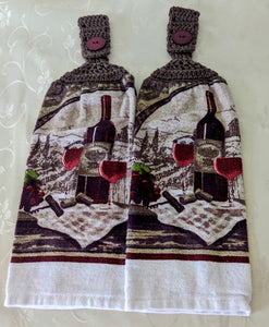 Hanging Towels - Wine Themed - Wine Bottle, Glasses and Grapes - Set of 2