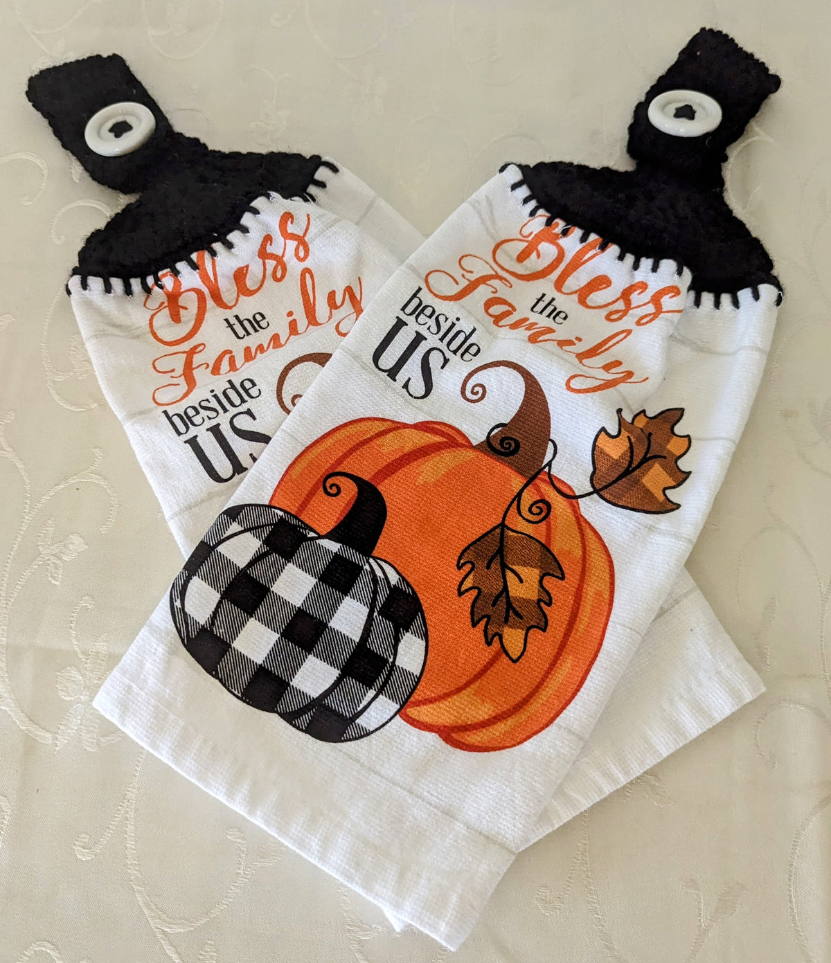 Fall/Thanksgiving Hanging Towels - "Bless the Family Beside Us" - Set of 2