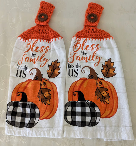 Fall/Thanksgiving Hanging Towels - "Bless the Family Beside Us" - Set of 2