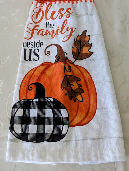 Fall/Thanksgiving Hanging Towels - "Bless the Family Beside Us" - Set of 2