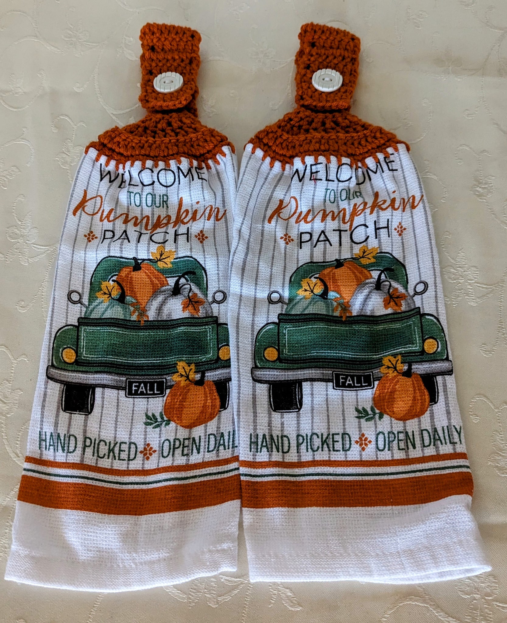 Fall Themed Hanging Towels - "Welcome to our Pumpkin Patch" - Set of 2