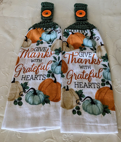 Fall/Thanksgiving Hanging Towels - "Give Thanks with Grateful Hearts" - Set of 2