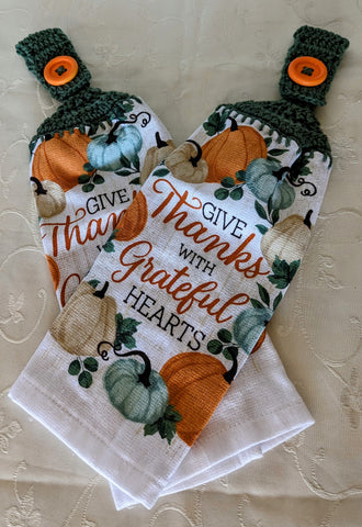 Fall/Thanksgiving Hanging Towels - "Give Thanks with Grateful Hearts" - Set of 2