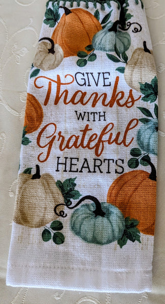 Fall/Thanksgiving Hanging Towels - "Give Thanks with Grateful Hearts" - Set of 2