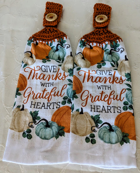 Fall/Thanksgiving Hanging Towels - "Give Thanks with Grateful Hearts" - Set of 2