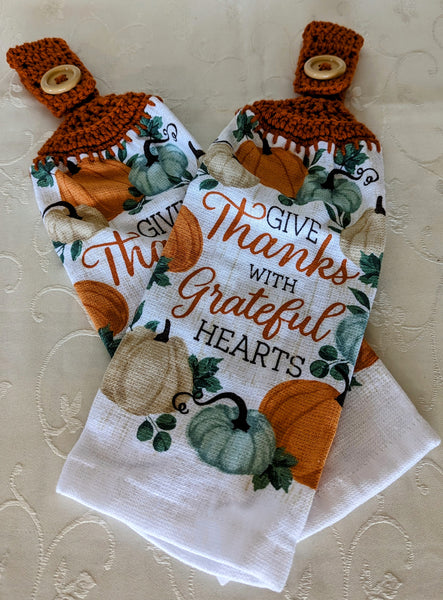 Fall/Thanksgiving Hanging Towels - "Give Thanks with Grateful Hearts" - Set of 2