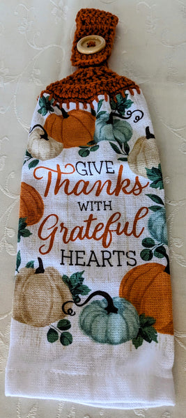 Fall/Thanksgiving Hanging Towels - "Give Thanks with Grateful Hearts" - Set of 2