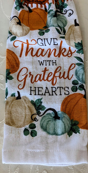 Fall/Thanksgiving Hanging Towels - "Give Thanks with Grateful Hearts" - Set of 2