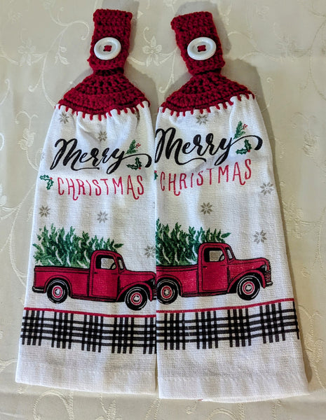 Christmas Hanging Towels - "Merry Christmas" with red truck - Set of 2