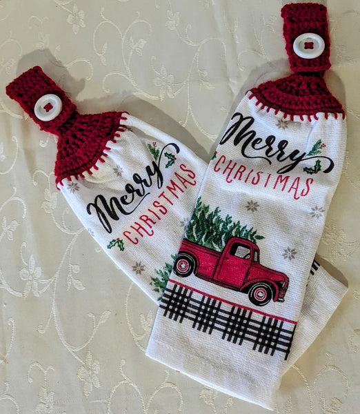 Christmas Hanging Towels - "Merry Christmas" with red truck - Set of 2