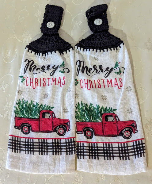 Christmas Hanging Towels - "Merry Christmas" with red truck - Set of 2