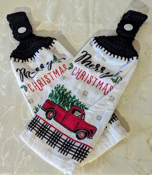 Christmas Hanging Towels - "Merry Christmas" with red truck - Set of 2