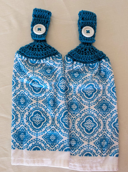 Hand Crocheted Hanging Towels - Teal and White Design - Set of 2