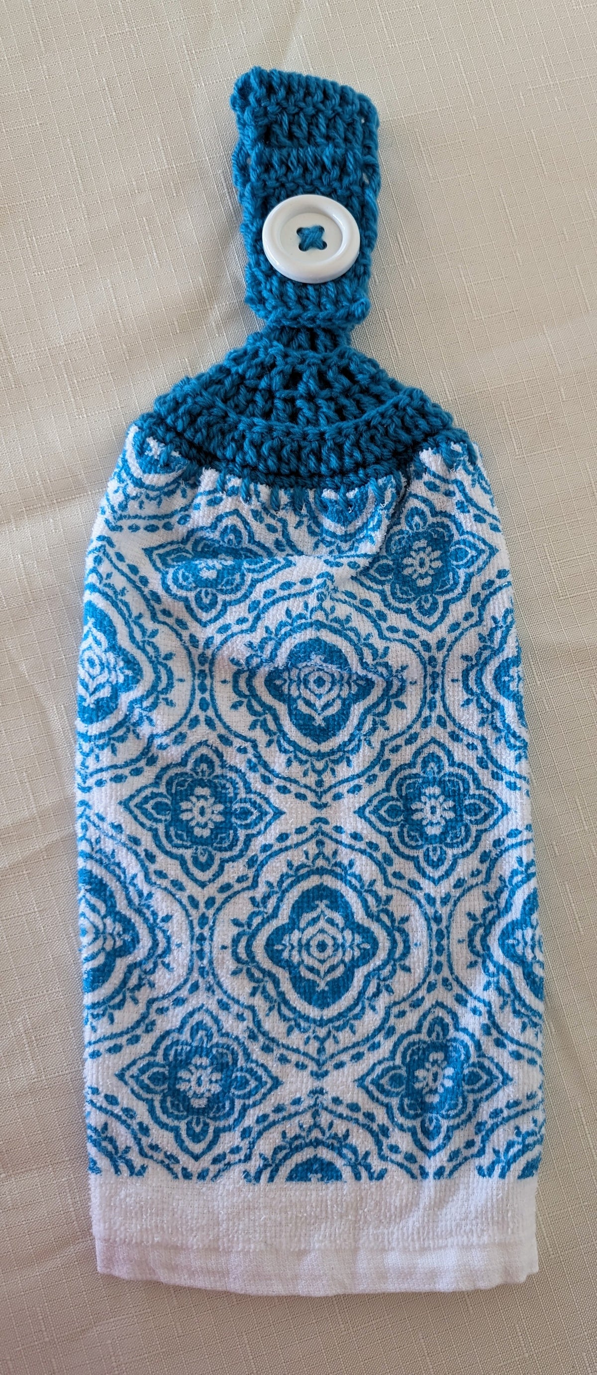 Hand Crocheted Hanging Towels - Teal and White Design - Set of 2