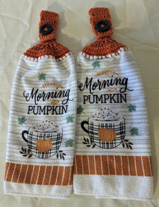 Coffee Themed Hanging Towels - "Morning Pumpkin" - Set of 2