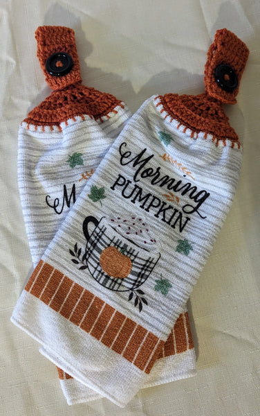 Coffee Themed Hanging Towels - "Morning Pumpkin" - Set of 2