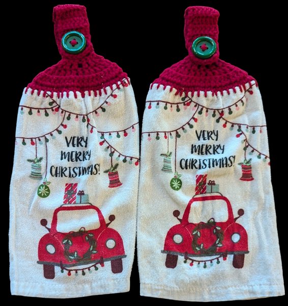 Set of 2 Christmas Hanging Towels – Red Car & Wreath, Very Merry Christmas, Red Tops with Green Buttons