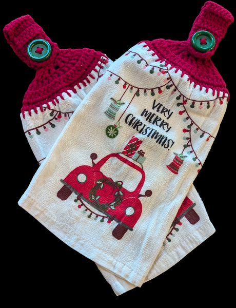 Set of 2 Christmas Hanging Towels – Red Car & Wreath, Very Merry Christmas, Red Tops with Green Buttons