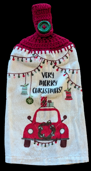 Set of 2 Christmas Hanging Towels – Red Car & Wreath, Very Merry Christmas, Red Tops with Green Buttons