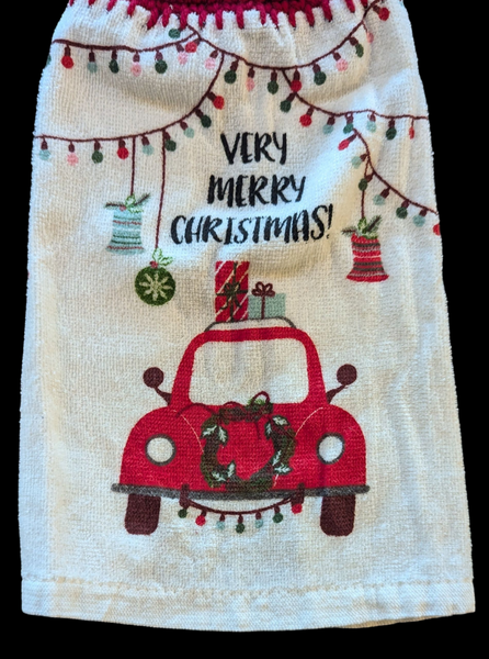 Set of 2 Christmas Hanging Towels – Red Car & Wreath, Very Merry Christmas, Red Tops with Green Buttons