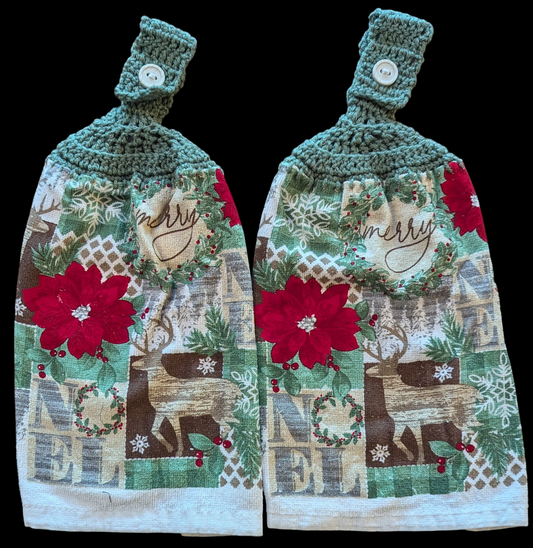 Christmas Hanging Towels – Wreath, Reindeer, Poinsettia & Snowflakes, Green Tops with White Buttons