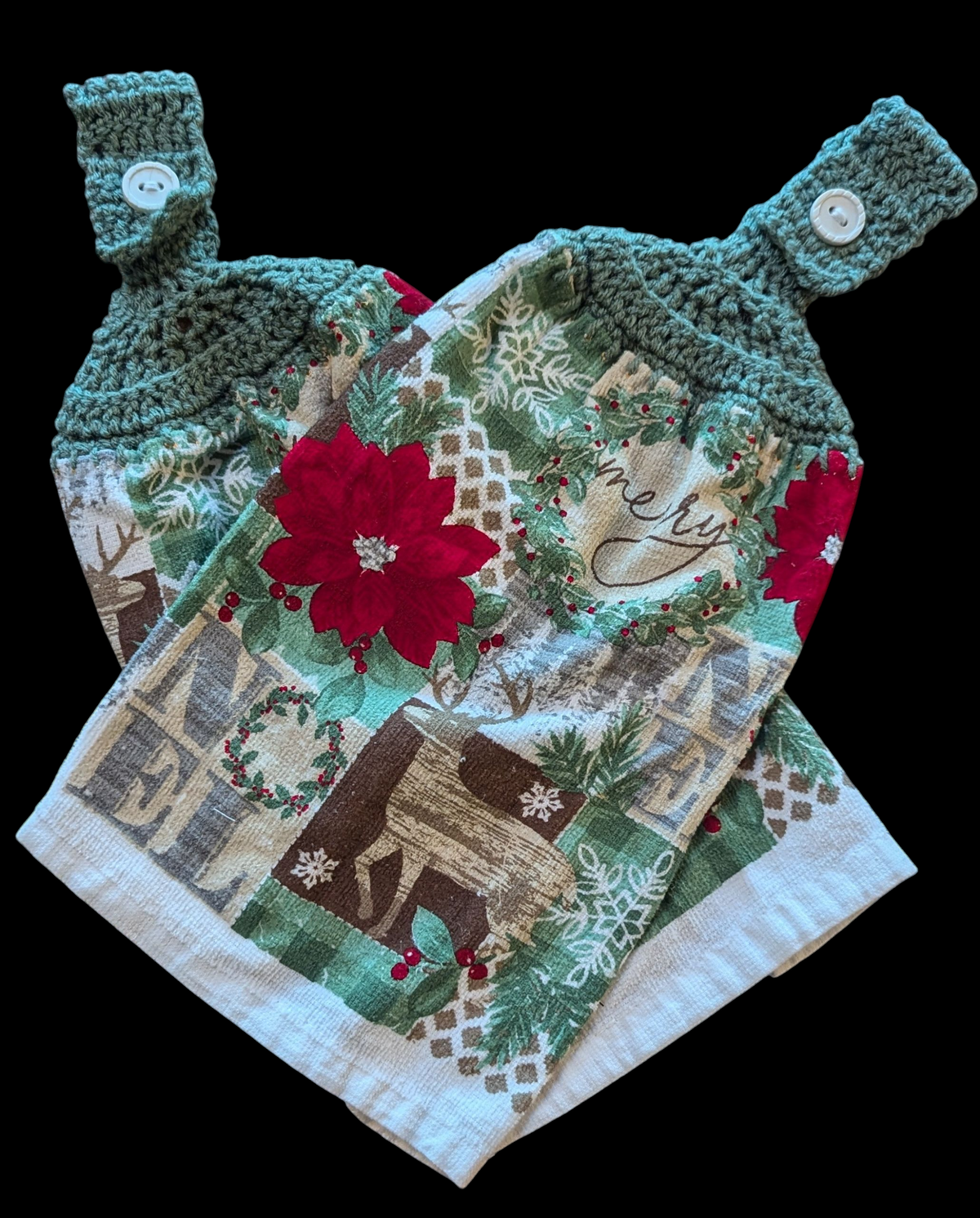 Christmas Hanging Towels – Wreath, Reindeer, Poinsettia & Snowflakes, Green Tops with White Buttons