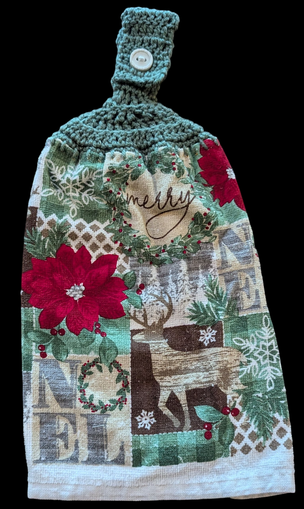 Christmas Hanging Towels – Wreath, Reindeer, Poinsettia & Snowflakes, Green Tops with White Buttons