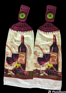 Hanging Towels - Wine Themed - Wine, Glasses and Grapes - Set of 2