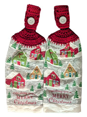 Christmas Hanging Towels - "Wishing You a Merry Christmas" with Snow-Covered Houses- Set of 2