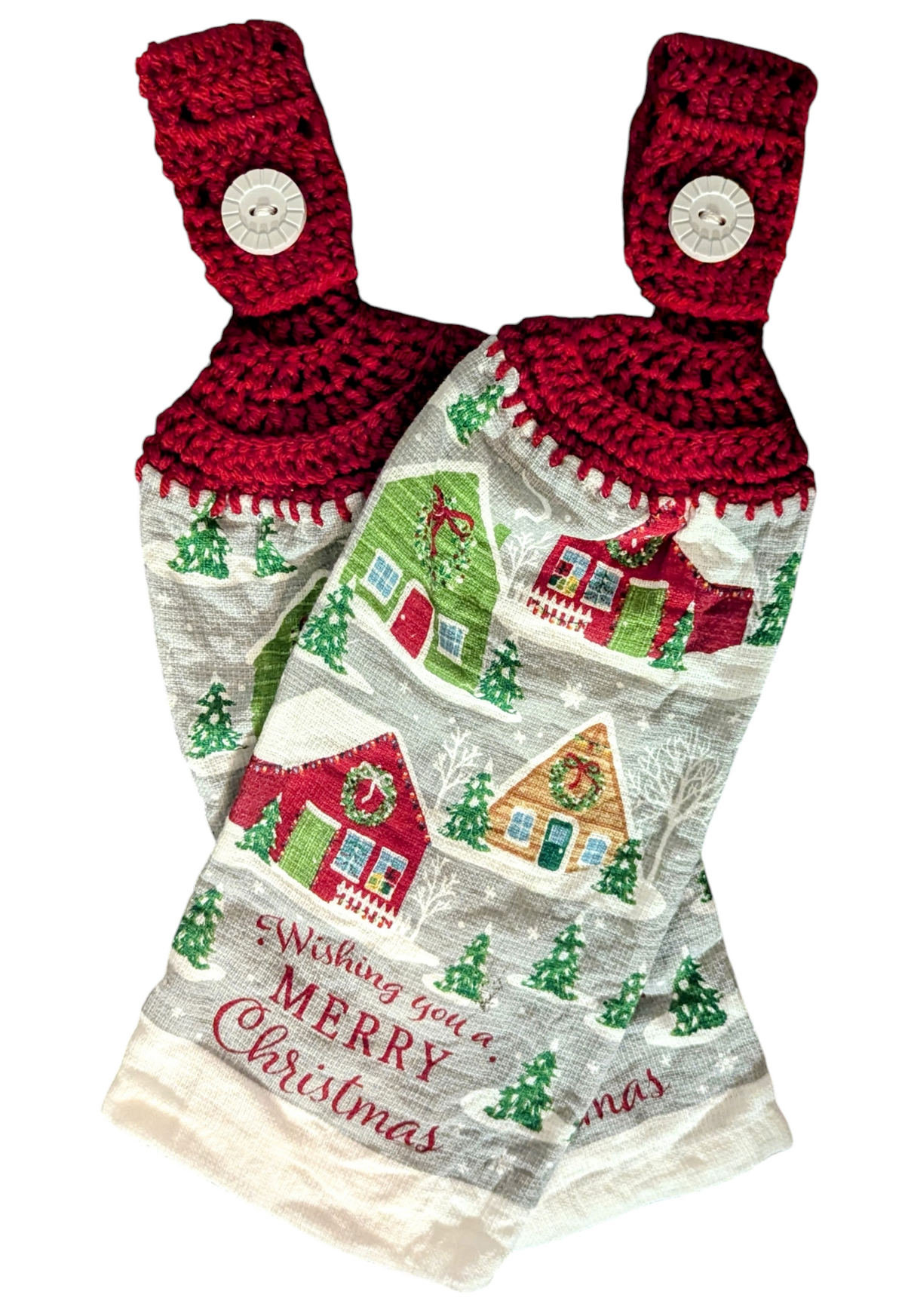 Christmas Hanging Towels - "Wishing You a Merry Christmas" with Snow-Covered Houses- Set of 2