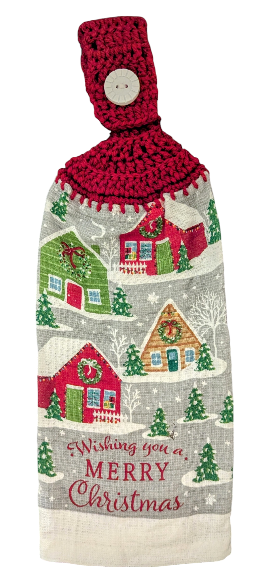 Christmas Hanging Towels - "Wishing You a Merry Christmas" with Snow-Covered Houses- Set of 2