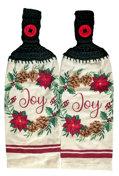 Christmas Hanging Towels - "Joy" with Wreath Design - Set of 2