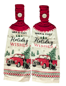 Christmas Hanging Towels - "Warm & Cozy", "Holiday Wishes"with red truck - Set of 2