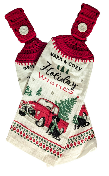 Christmas Hanging Towels - "Warm & Cozy", "Holiday Wishes"with red truck - Set of 2