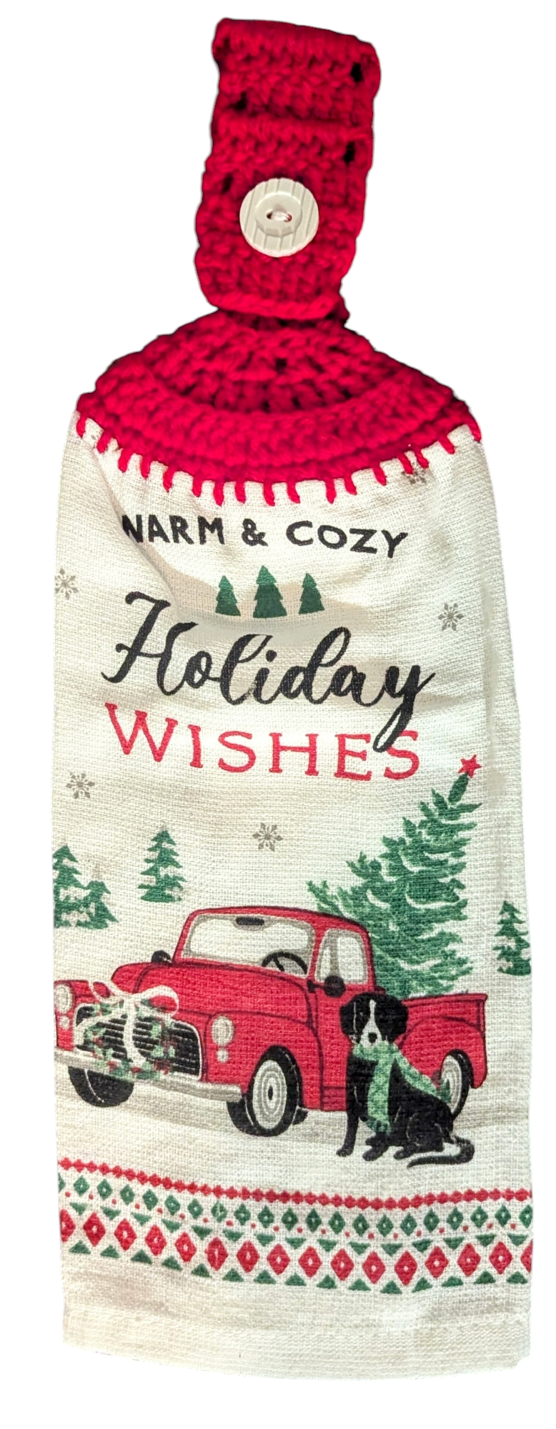 Christmas Hanging Towels - "Warm & Cozy", "Holiday Wishes"with red truck - Set of 2