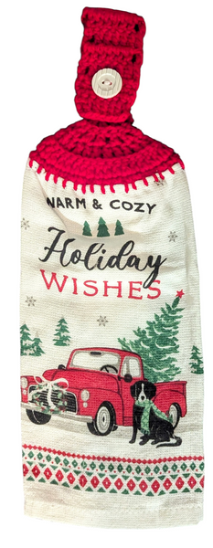 Christmas Hanging Towels - "Warm & Cozy", "Holiday Wishes"with red truck - Set of 2