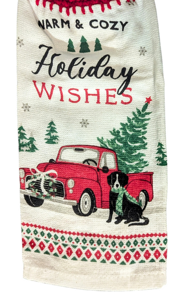 Christmas Hanging Towels - "Warm & Cozy", "Holiday Wishes"with red truck - Set of 2