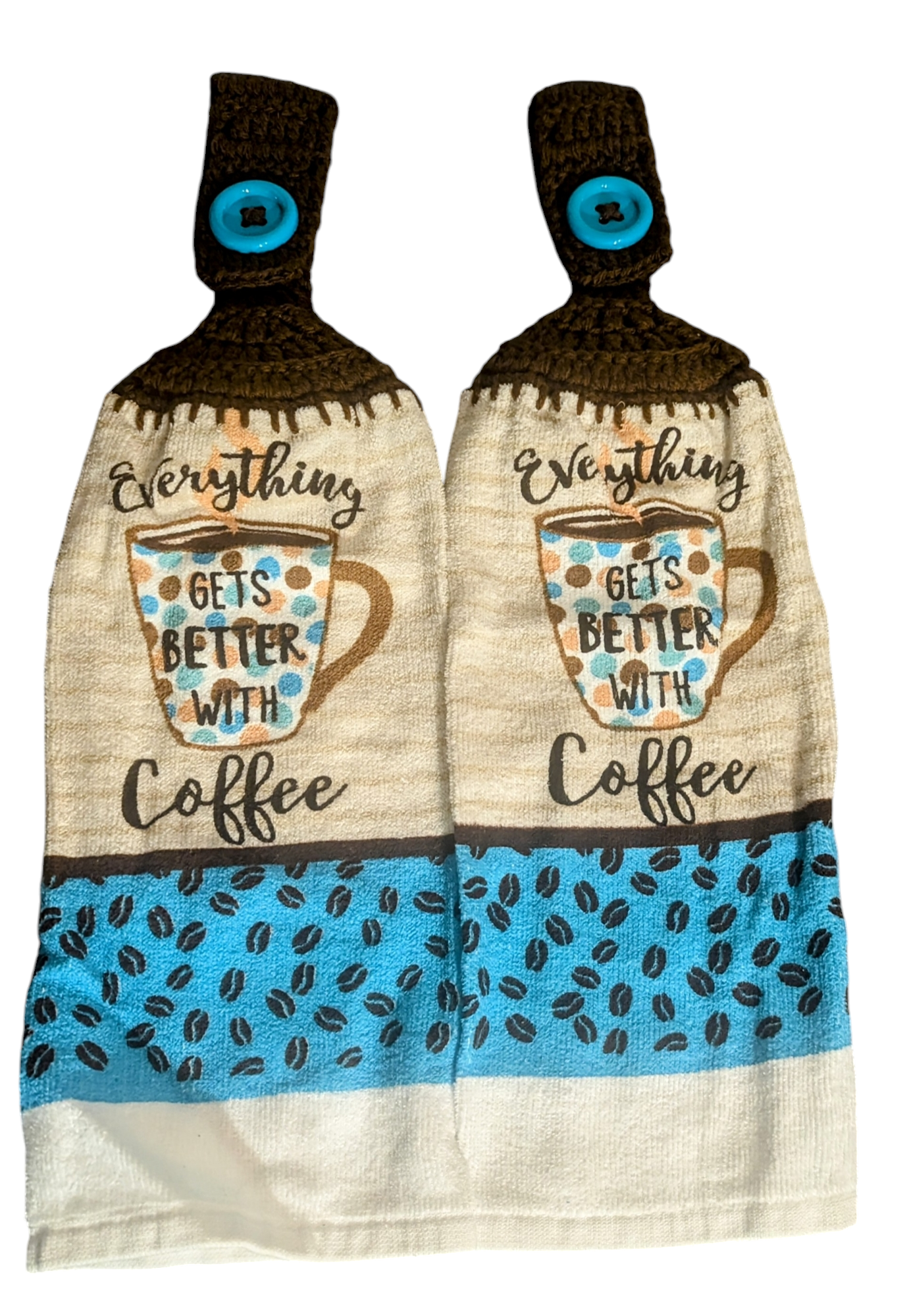 Coffee Themed Hanging Towels - "Everything Gets Better with Coffee" - Set of 2