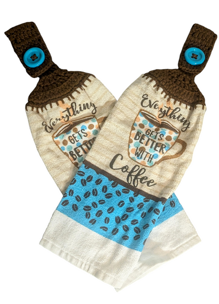 Coffee Themed Hanging Towels - "Everything Gets Better with Coffee" - Set of 2